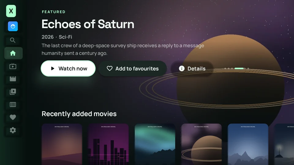 Xtrava home screen with a featured science-fiction title and recently added movies