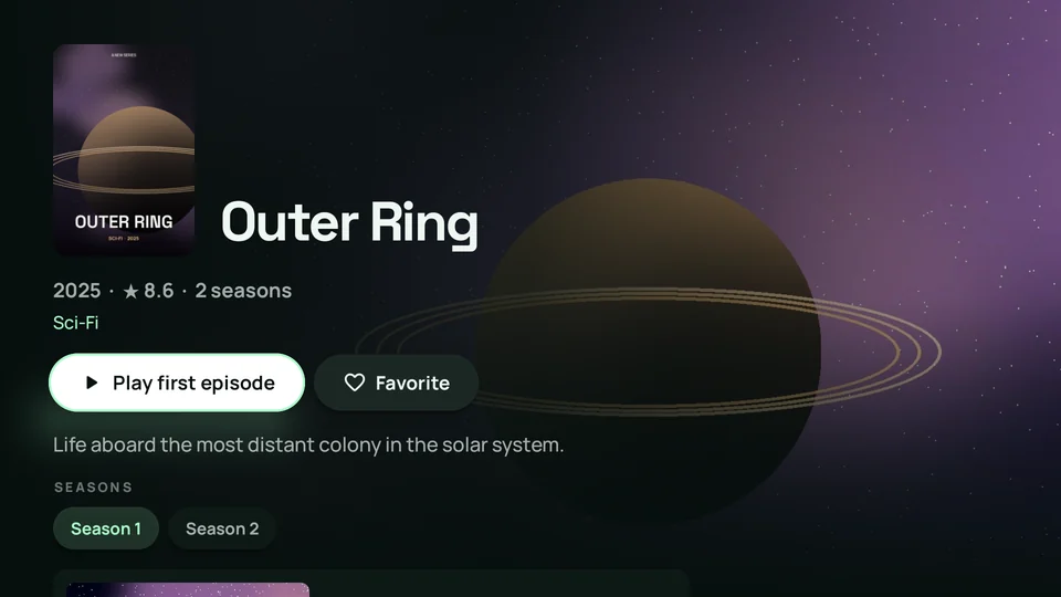 Series details page with cover, rating, two seasons, Play first episode and Favorite